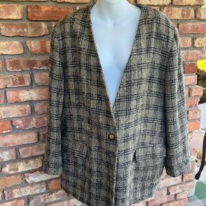 Theomiles vintage Black and Cream Plaid tweed Blazer w No Collar